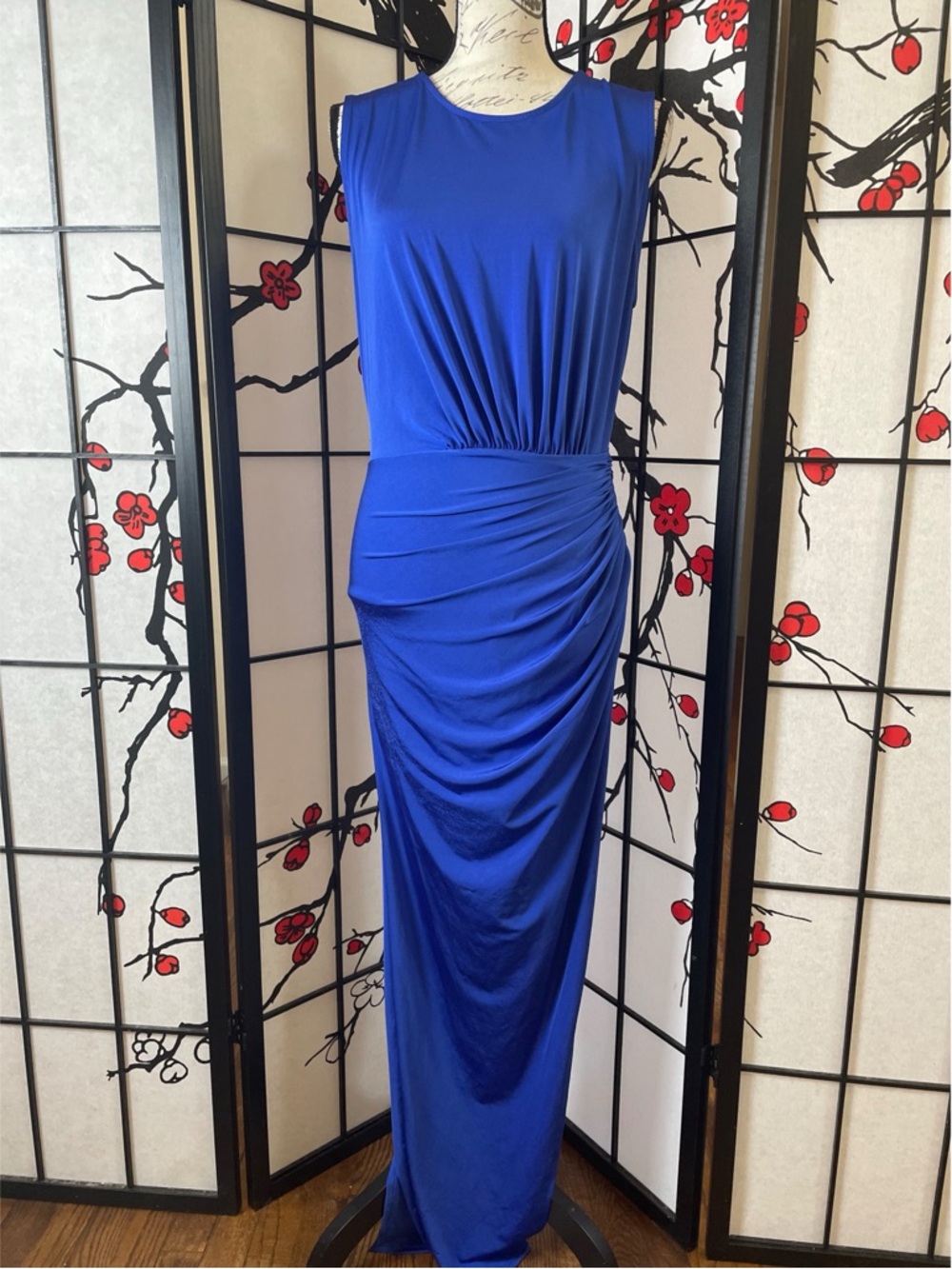 Royal Blue Ruched Sleeveless Maxi Dress Size Medium, Elegant Evening Dress